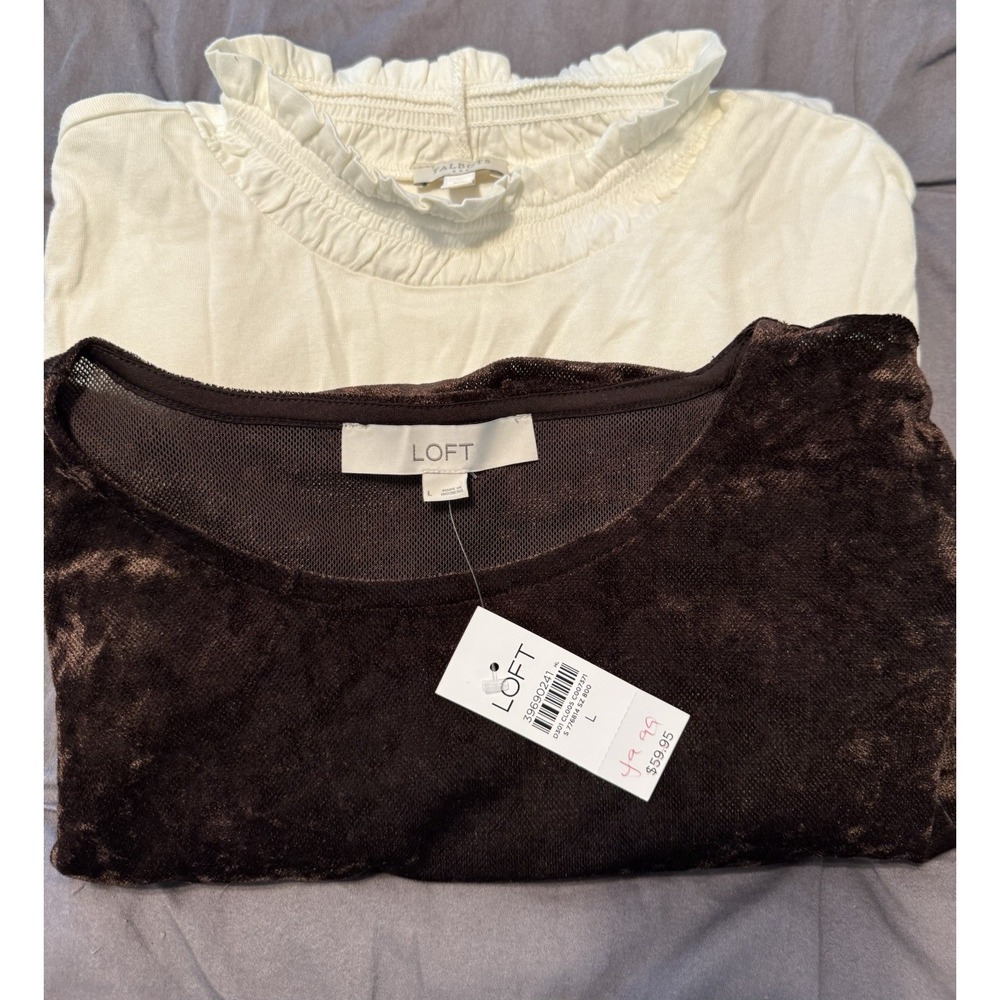Lot Of 2 Women's Long Sleeve Shirts Loft Brown Velvet LG Talbots Off White XL